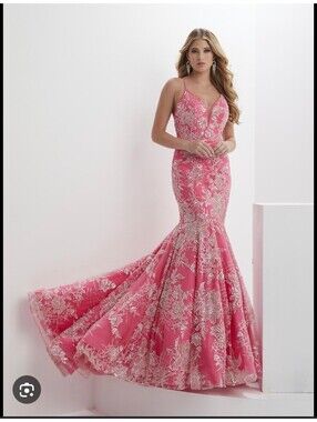 Panoply 14138 Hot Pink Sparkly Lace Mermaid Prom Dress Lace-Up Open Back Size 4